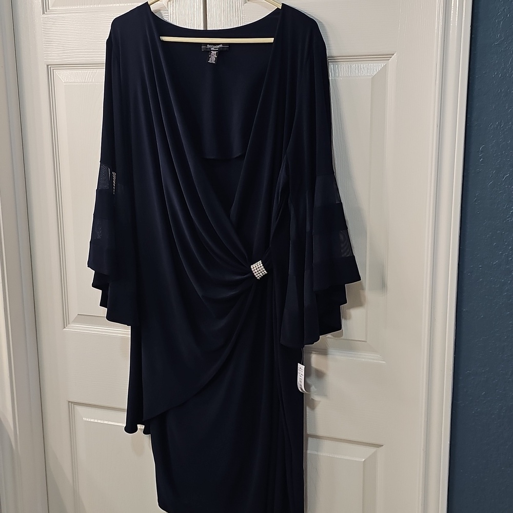 NWT 18W R&M Richards Navy Rhinestone Faux Wrap Belle Sleeve Dress Wedding Dressy - Picture 10 of 15